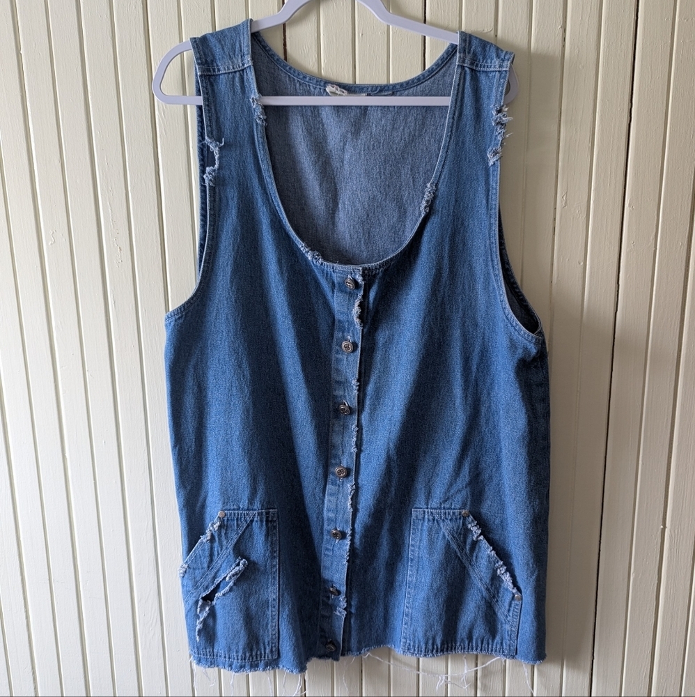 90s Vintage Distressed DenimButton Down Dress With Pockets Womens XL